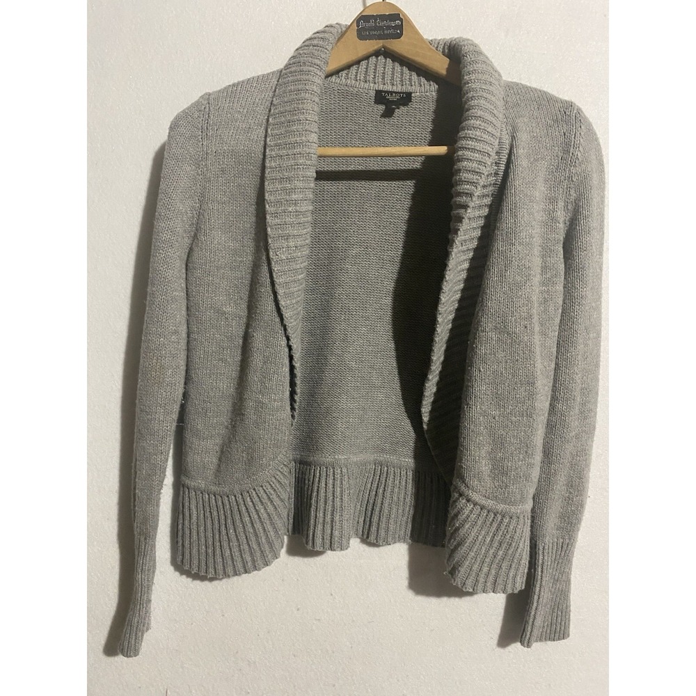 Talbots Sweater Women Small Gray Cardigan Open Front Long Sleeve Lambswool Blend